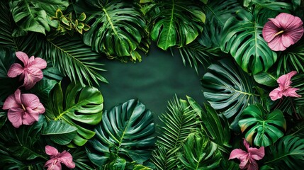 Vibrant tropical plants and flowers in a rainforest clearing Tropical Stock Photo with side copy space