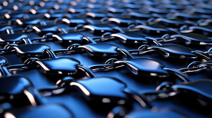 Obraz premium close up view of interconnected metallic chains, showcasing their shiny surface and intricate design. image highlights strength and durability of material, evoking sense of industrial elegance