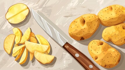 Fresh Whole and Cut Raw Potatoes with Knife on Light Grey Table