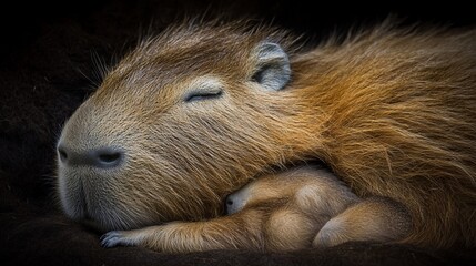 A mother capybara sleeps soundly, cradling her baby.