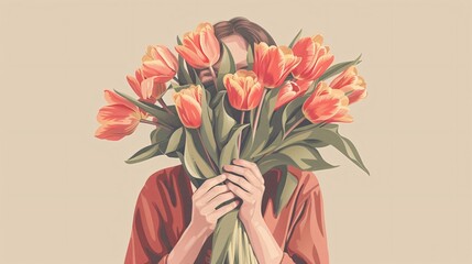 Elegant Woman with Tulip Bouquet Covering Face - Floral Beauty Portrait