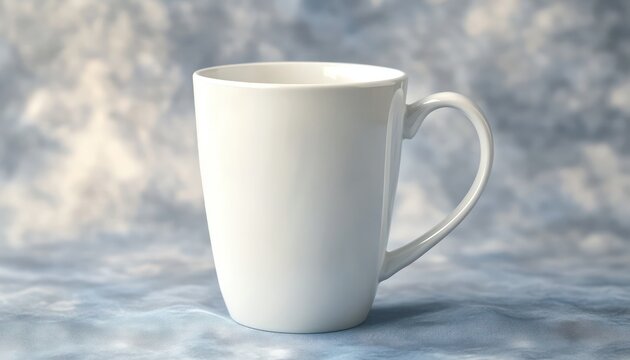 Blank white coffee mug isolated on a soft gray-blue background