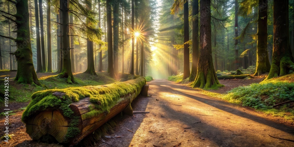 Poster sunlit path through a mossy forest with a fallen log