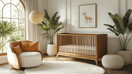 This image showcases a stylish nursery with a wooden crib, modern chair, and soft decor. Featuring natural light and greenery, it creates a serene environment.