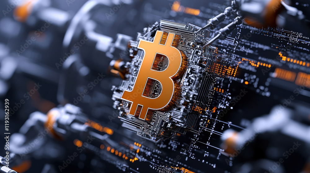 Leinwandbilder close up view of Bitcoin symbol surrounded by digital circuits, representing cryptocurrency technology and innovation. image conveys sense of modern finance and digital assets