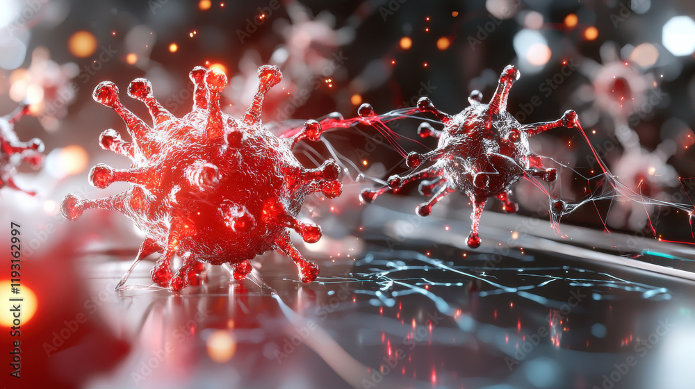 Aufkleber close up view of nanobots interacting with human cells, showcasing intricate details and vibrant colors. image captures dynamic relationship between technology and biology