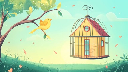 Unique Real Estate Business Concept with House in Bird Cage Vector Illustration