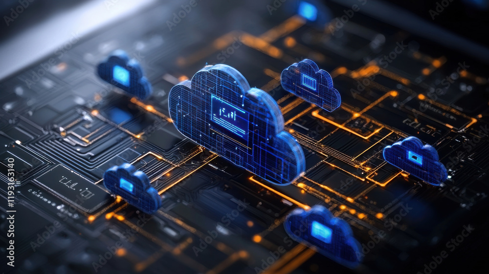 Aufkleber digital representation of cloud computing with interconnected data clouds, showcasing technology and security in modern network environment