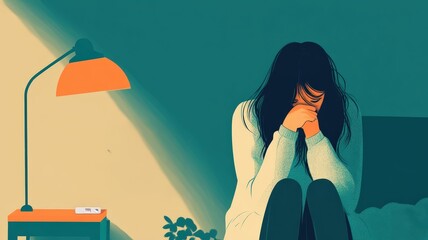 Illustration of a Young Woman Anxious Alone in a Room with a Pregnancy Test on the Table.