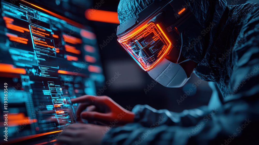 Fototapete futuristic hacker wearing high tech visor and mask interacts with glowing screens filled with data. 
