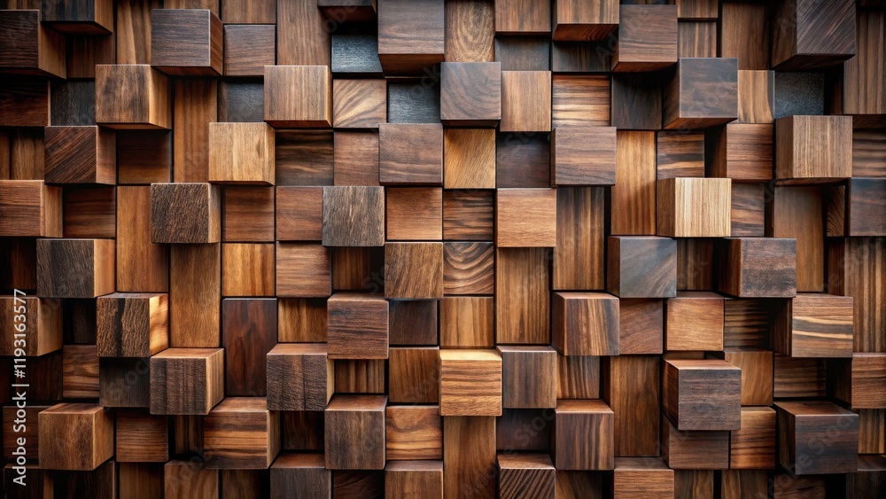 Aufkleber abstract wooden cube wall texture rustic brown and dark wood blocks pattern