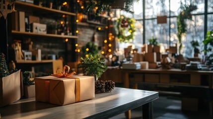 Fototapeta premium A charmingly wrapped gift box rests on a rustic table, surrounded by holiday decorations, evoking warmth, nostalgia, and holiday cheer during the festive season of giving.
