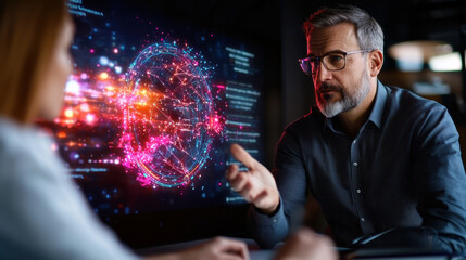 professional discussion on global health trends, featuring man with glasses and woman engaged in conversation, with digital globe visualization in background