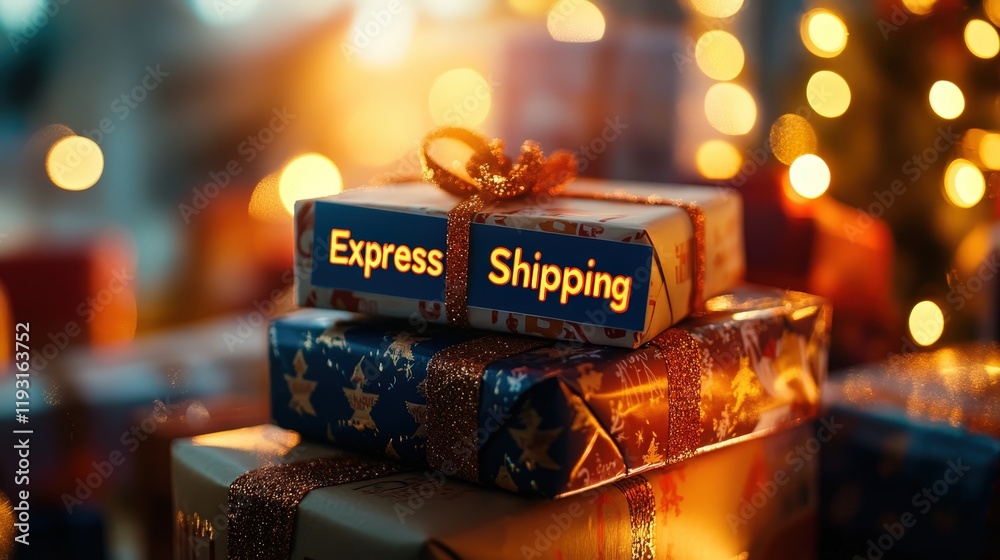 Wall mural A stack of beautifully wrapped holiday gift packages featuring an 'Express Shipping' tag, emphasizing the importance of timely delivery for festive celebrations.