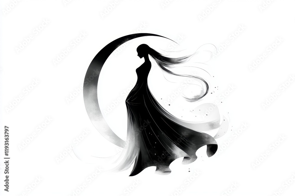 Poster a stylized silhouette of a vampire with a flowing cloak, framed by a crescent moon in bold, simple l