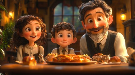 A family gathered around a table, symbolizing love, connection, and shared moments, warm light, cozy atmosphere, detailed