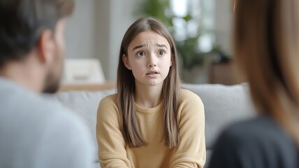 Obraz premium Teenage Girl Confiding in Parents During a Serious Problem with Family.