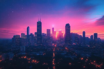 Obraz premium a futuristic skyline at twilight, where sleek skyscrapers shimmer under a gradient of pink and purple skies, reflecting the vibrance of a thriving urban life