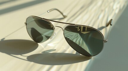 A sleek pair of metallic aviator sunglasses with reflective lenses, subtly tinted and positioned on a white surface.