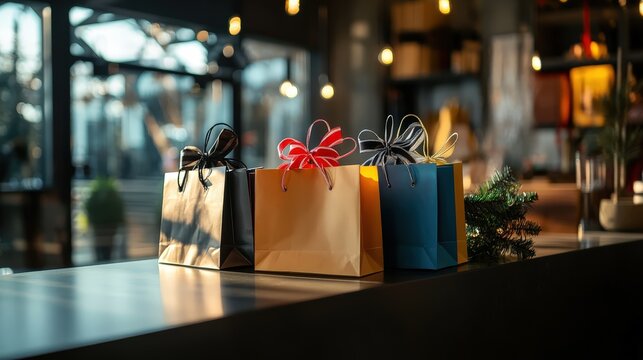 An eye-catching display of colorful gift bags elegantly arranged on a table, radiating celebration and festive spirit, perfect for the holiday gifting season.