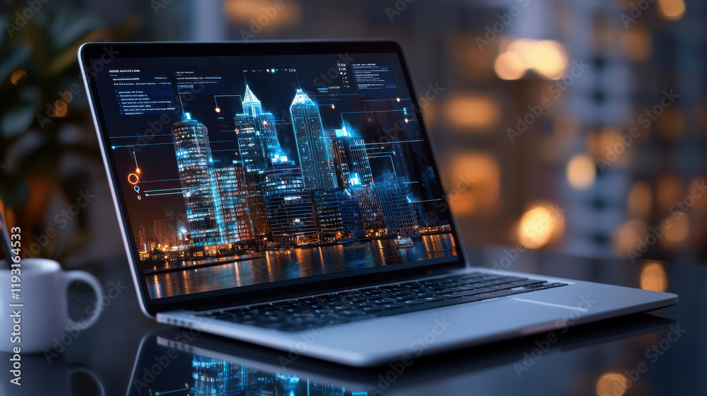 Aufkleber laptop displaying city skyline with digital data overlay at night. scene conveys modern, tech savvy 