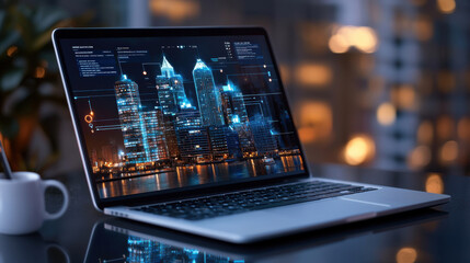 laptop displaying city skyline with digital data overlay at night. scene conveys modern, tech savvy atmosphere, highlighting urban development and innovation