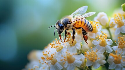 Close-up of a Honeybee Collecting Nectar from a Blooming Flower in Nature’s Habitat Highlighting the Importance of Pollination in Ecosystems