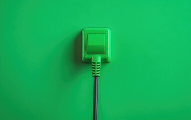 Green electrical outlet with plug on vibrant green wall, minimalistic design