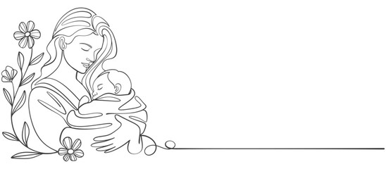 Mother and baby line art vector illustration, mothers day celebration background