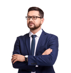 Portrait of banker in glasses on white background