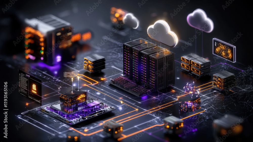 Aufkleber concept of cloud gaming server farm with powerful servers, glowing data centers, and interconnected 