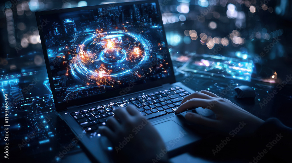 Leinwandbilder person using laptop to engage in cross platform gaming with vibrant graphics and digital effects. sc