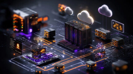 concept of cloud gaming server farm with powerful servers, glowing data centers, and interconnected cloud icons. This futuristic design showcases advanced technology and digital infrastructure
