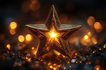 a golden star shines brightly against a dark background, surrounded by a radiant light effect, symbolizing achievement and recognition, creating an atmosphere filled with inspiration and aspiration