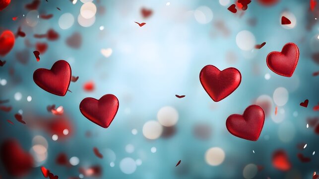 Red hearts falling against a teal background