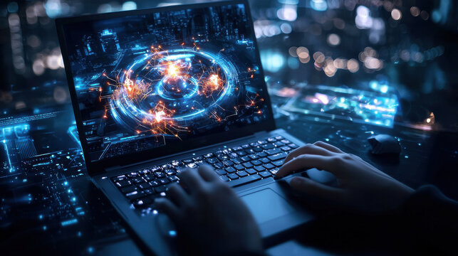 person using laptop to engage in cross platform gaming with vibrant graphics and digital effects. scene is illuminated by city lights, creating futuristic atmosphere