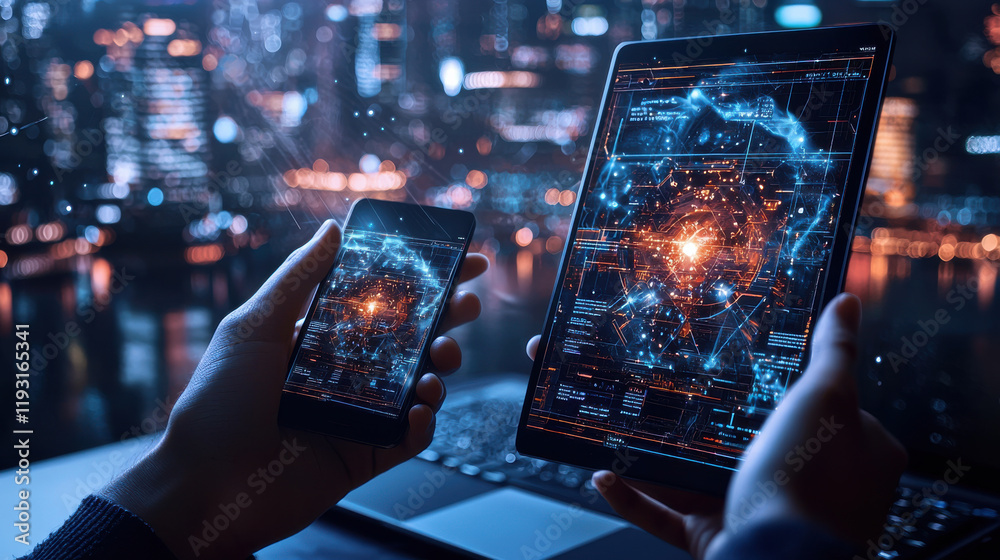 Leinwandbilder person holds smartphone and tablet displaying futuristic data visualizations in cityscape at night. glowing screens showcase advanced technology and connectivity