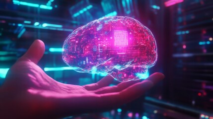 A human hand holds a digital brain with intricate circuit patterns glowing in neon colors