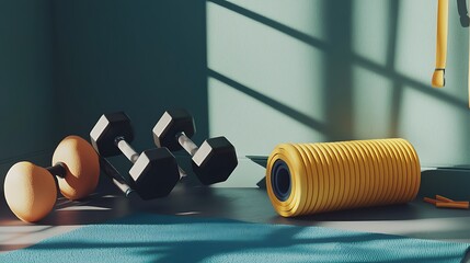 A gym with a yellow foam roller and two dumbbells