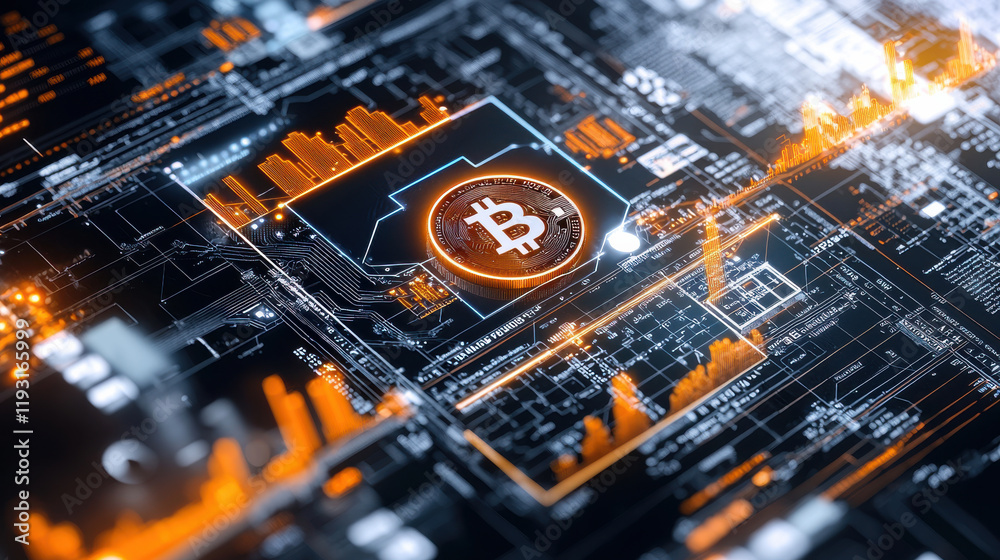 Leinwandbilder digital representation of cryptocurrency technology featuring bitcoin symbol surrounded by circuit p