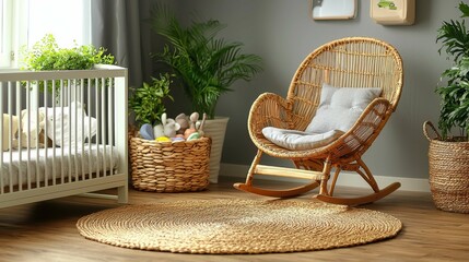 A serene nursery showcasing a rattan rocking chair, a crib, and a wicker basket filled with plush toys. The space features a calming, neutral palette.