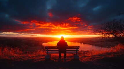 A lone person sitting on a bench watching the sunrise, contemplative moment, tranquil sunrise