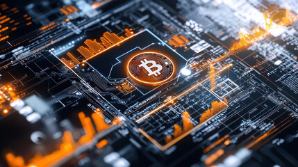digital representation of cryptocurrency technology featuring Bitcoin symbol surrounded by circuit patterns and data visualizations. This captures essence of modern finance and digital innovation