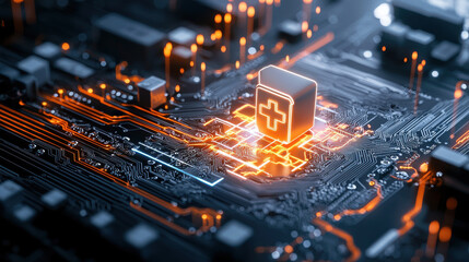 conceptual digital lock symbolizing security features on circuit board, showcasing technology and innovation. glowing elements highlight importance of cybersecurity