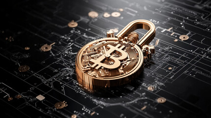 conceptual digital lock symbolizing security features of cryptocurrency, featuring golden Bitcoin symbol. This represents intersection of finance and technology