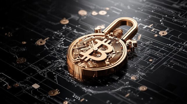 conceptual digital lock symbolizing security features of cryptocurrency, featuring golden Bitcoin symbol. This represents intersection of finance and technology - Powered by Adobe