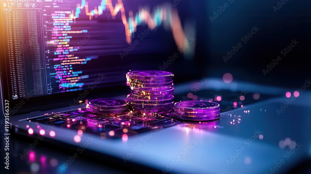 Poster digital workspace showcasing cryptocurrency coins on laptop, symbolizing big data analytics and fina