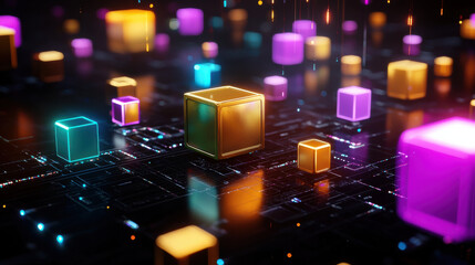 vibrant conceptual illustration of decentralized blockchain technology featuring colorful cubes on digital network. glowing cubes represent data blocks in futuristic setting
