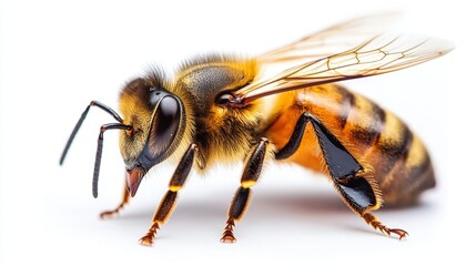 Detailed Full Body Image of a Honey Bee Isolated on a Clean White Background for Educational and Creative Uses
