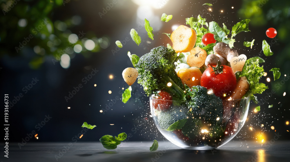 Poster fresh vegetables in bowl with vibrant colors and dynamic splashes, showcasing benefits of functional